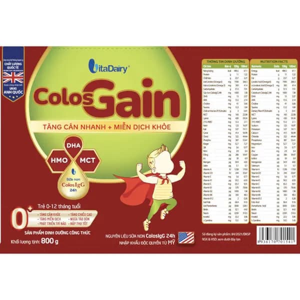 Sữa bột cho bé Colos Gain 0+ 800g (0 - 12 tháng tuổi)