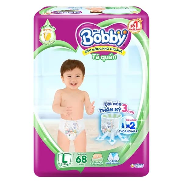 Bỉm tã quần Bobby size L (68 miếng, 9 - 13kg)