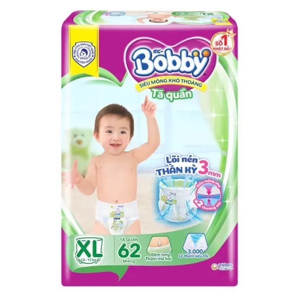 Bỉm tã quần Bobby size XL (62 miếng, 12 - 17kg)