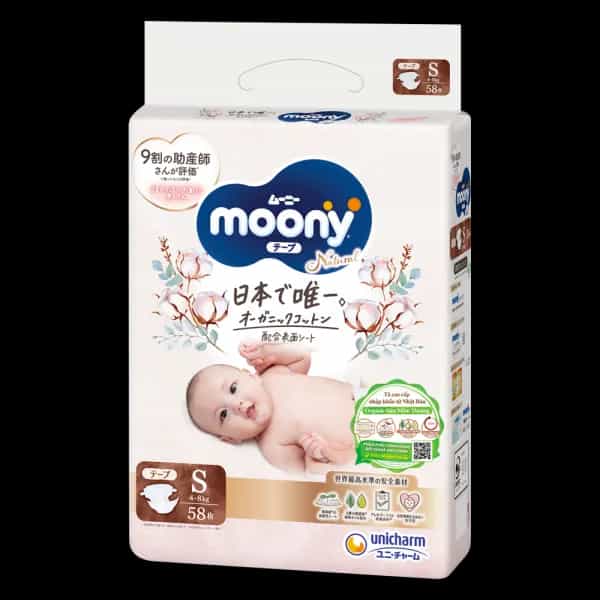 Bỉm tã dán Moony Natural size S (58 miếng, 4 - 8kg)