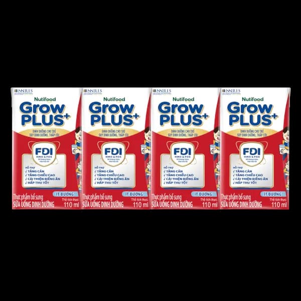 Sữa bột pha sẵn Nutifood GrowPLUS+ Đỏ ít đường 110ml (lốc 4 hộp)
