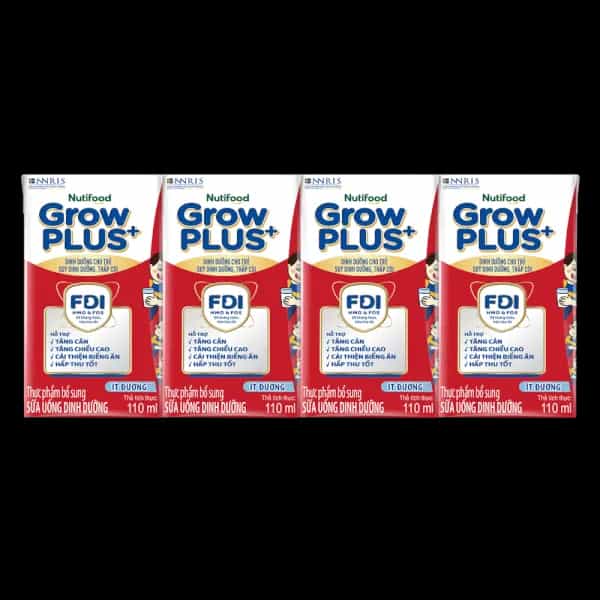 Sữa bột pha sẵn Nutifood GrowPLUS+ Đỏ ít đường 110ml (lốc 4 hộp)