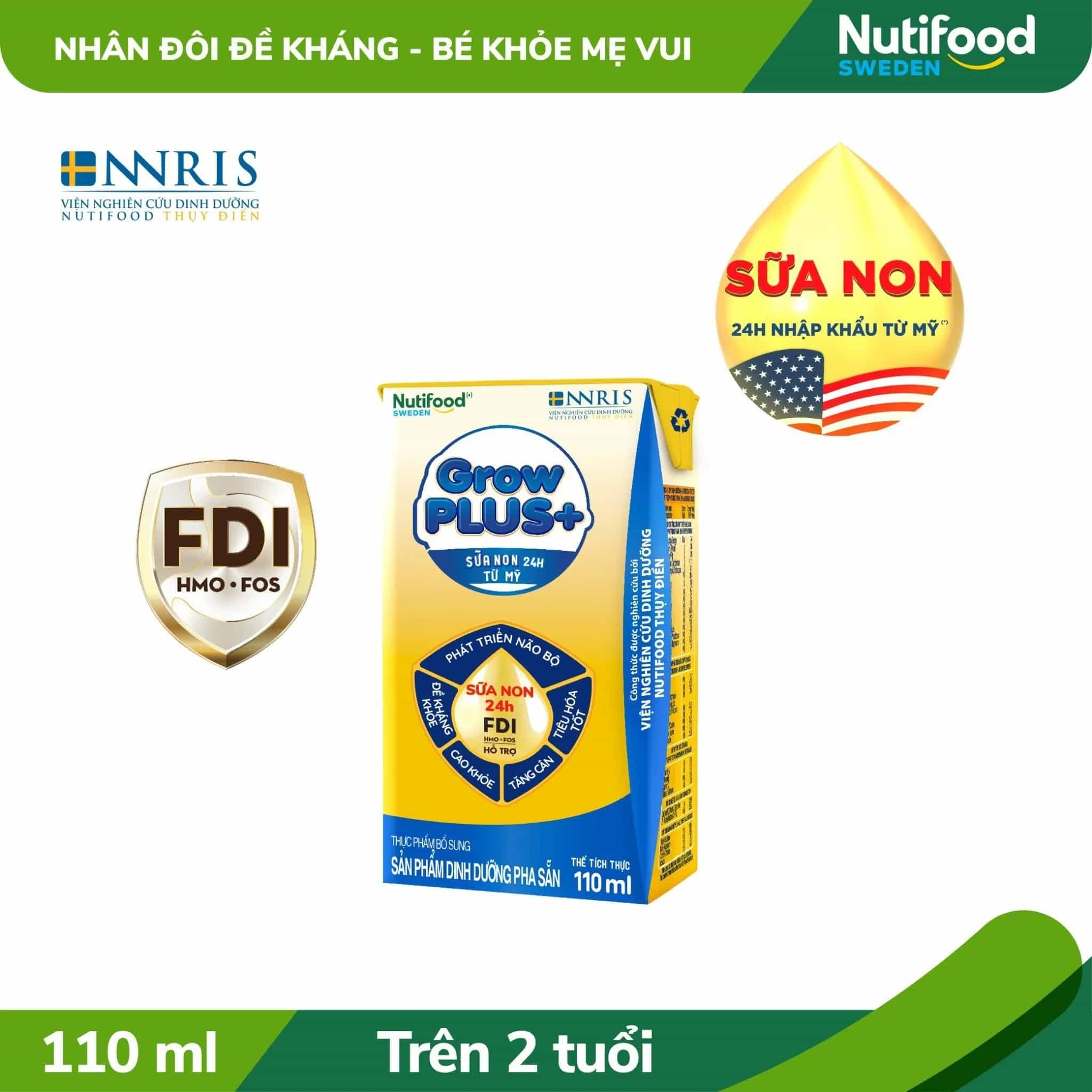 Sữa bột pha sẵn Nutifood GrowPLUS+ Sữa Non Tăng Đề Kháng 2+ hộp 110ml (lốc 4 hộp)