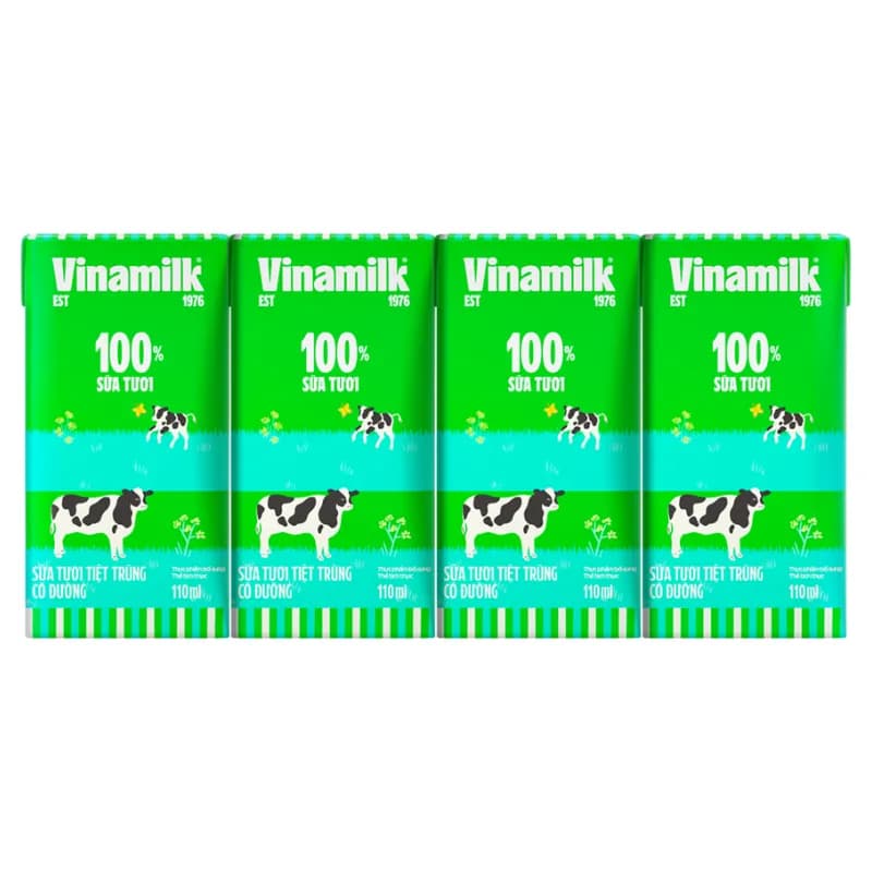 Sữa tươi Vinamilk 100% Có đường hộp 110ml (lốc 4 hộp)