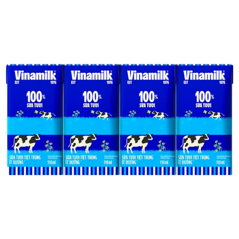 Sữa tươi Vinamilk 100% Ít đường hộp 110ml (lốc 4 hộp)