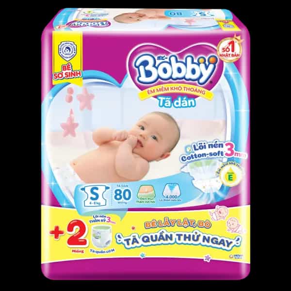 Tã dán Bobby siêu thấm, khô thoáng size S (80 miếng, 4 - 8kg)