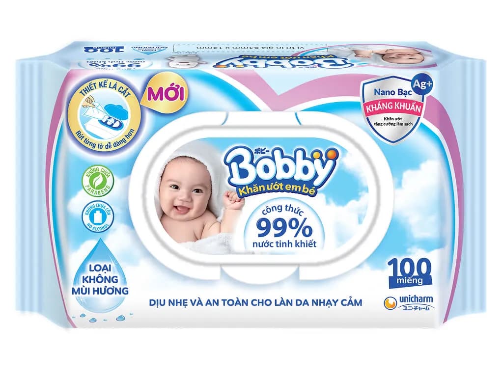 Khăn ướt em bé Bobby không mùi gói 100 miếng
