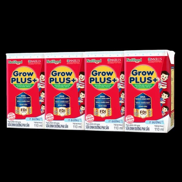 Sữa bột pha sẵn Nutifood GrowPLUS+ Đỏ ít đường 110ml (lốc 4 hộp)