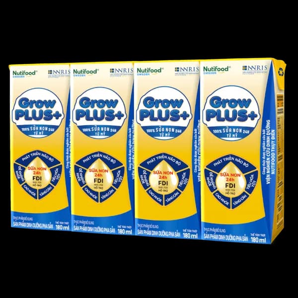 Sữa bột pha sẵn Nutifood GrowPLUS+ Sữa non Vàng 2+ 180ml (lốc 4 hộp)
