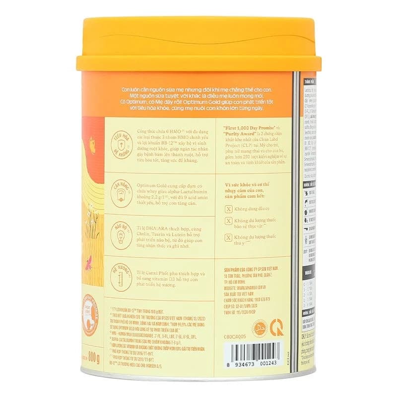 Sữa bột cho bé Vinamilk Optimum Gold 1 800g (0 - 6 tháng tuổi)