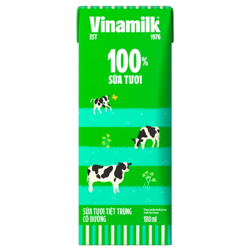 Sữa tươi Vinamilk 100% Có đường hộp 180ml