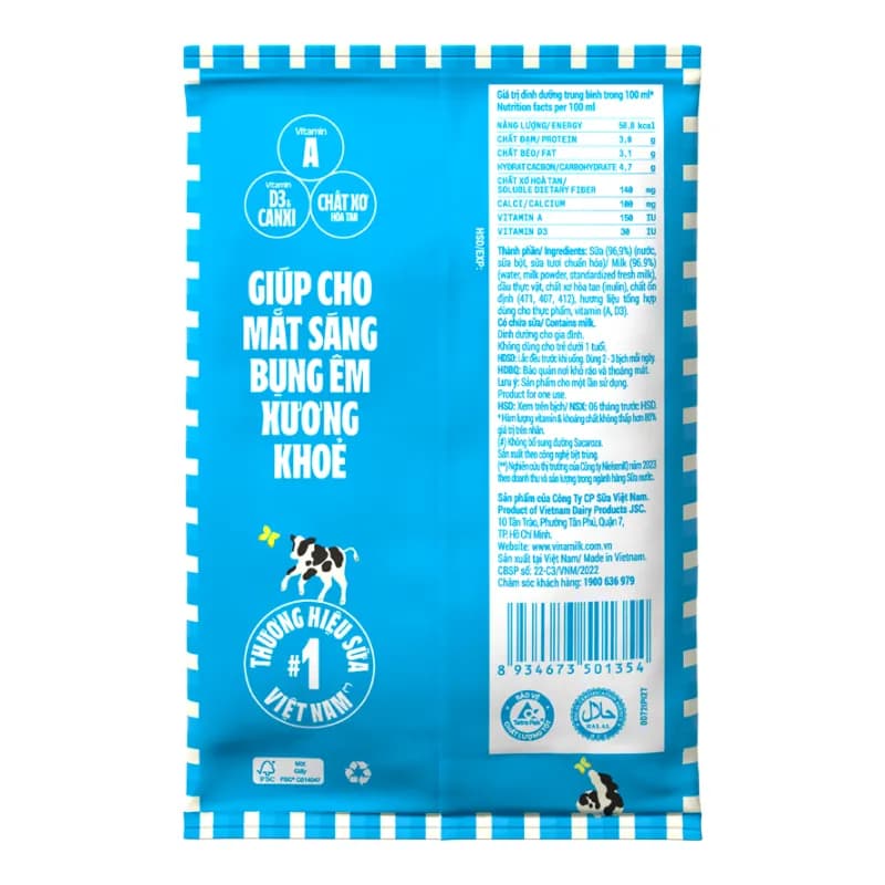 Sữa tươi Vinamilk Không đường bịch 220ml