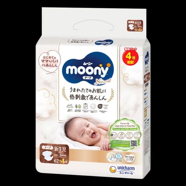 Tã dán Moony Natural / Moony Dịu nhẹ size NEWBORN (62 + 4 miếng)