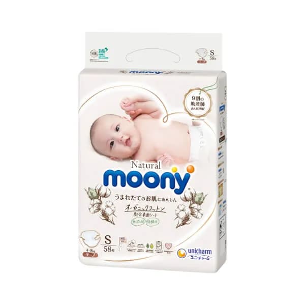 Bỉm tã dán Moony Natural size S (58 miếng, 4 - 8kg)