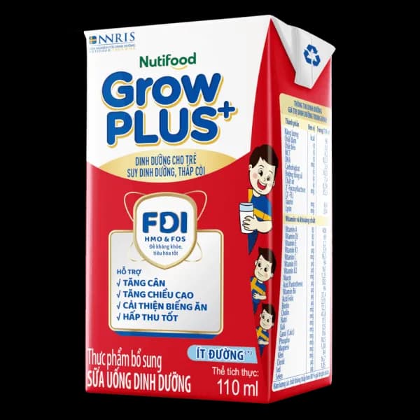 Sữa bột pha sẵn Nutifood GrowPLUS+ Đỏ ít đường 110ml (lốc 4 hộp)