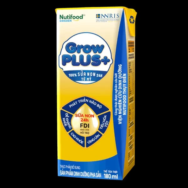 Sữa bột pha sẵn Nutifood GrowPLUS+ Sữa non Vàng 2+ 180ml (lốc 4 hộp)