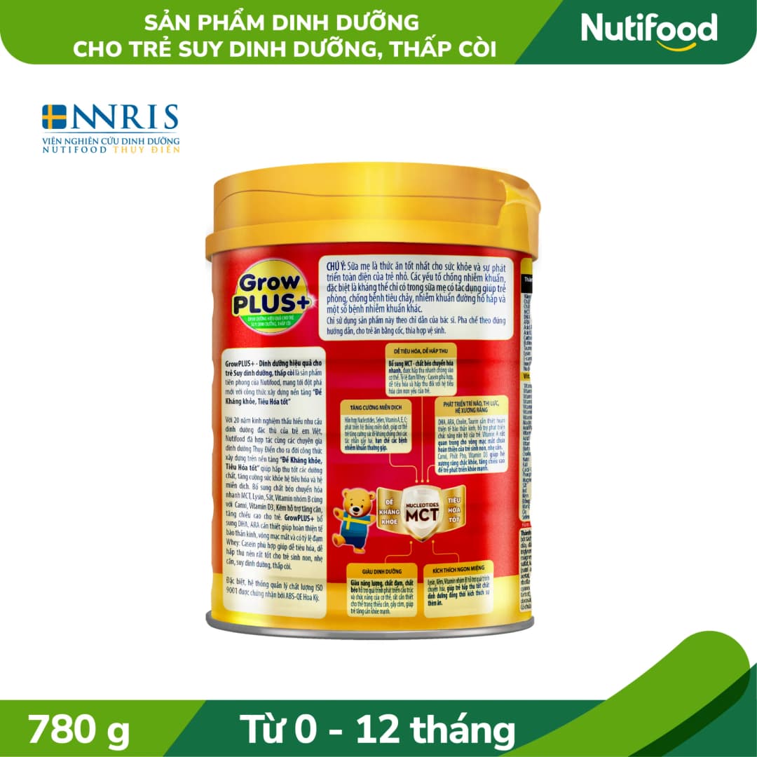 Sữa bột cho bé Nutifood GrowPLUS+ Dinh Dưỡng Cho Trẻ Suy Dinh Dưỡng, Thấp Còi 780g (0 - 12 tháng tuổi)