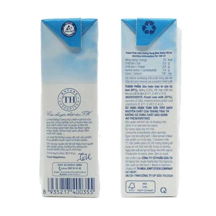 Sữa tươi TH true MILK Ít đường hộp 180ml (lốc 4 hộp)
