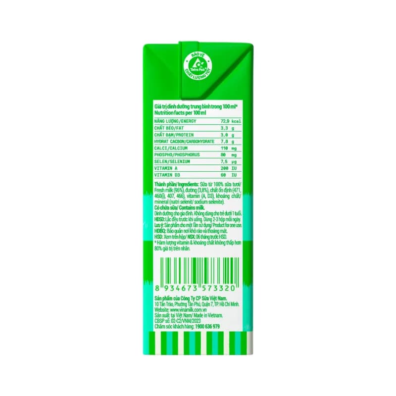 Sữa tươi Vinamilk 100% Có đường hộp 110ml (lốc 4 hộp)