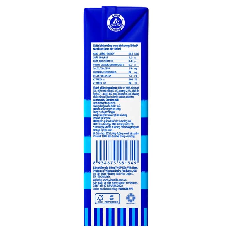 Sữa tươi Vinamilk 100% Ít đường hộp 180ml