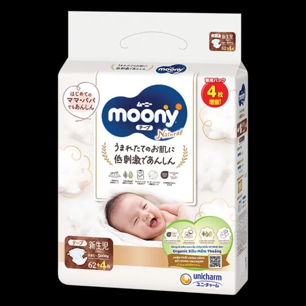 Tã dán Moony Natural / Moony Dịu nhẹ size NEWBORN (62 + 4 miếng)