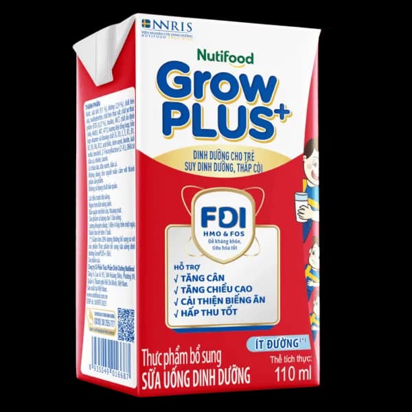 Sữa bột pha sẵn Nutifood GrowPLUS+ Đỏ ít đường 110ml (lốc 4 hộp)