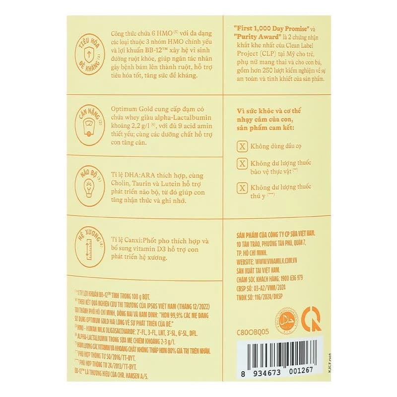 Sữa bột cho bé Vinamilk Optimum Gold 2 800g (6 - 12 tháng tuổi)