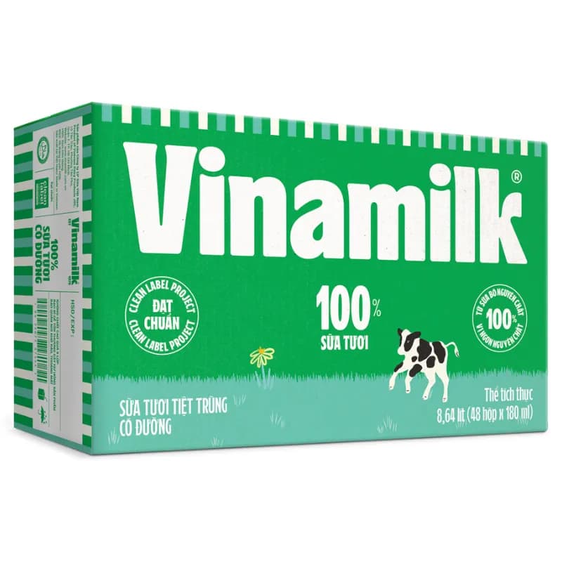 Sữa tươi Vinamilk 100% Có đường hộp 180ml