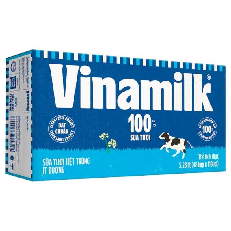 Sữa tươi Vinamilk 100% Ít đường hộp 110ml (lốc 4 hộp)