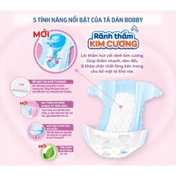 Tã dán Bobby siêu thấm, khô thoáng size S (80 miếng, 4 - 8kg)