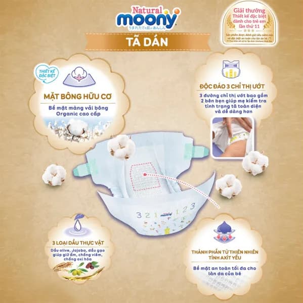 Bỉm tã dán Moony Natural size S (58 miếng, 4 - 8kg)