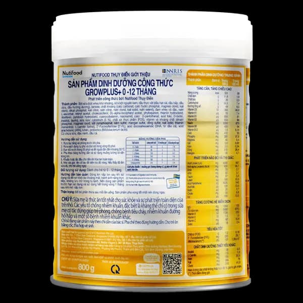 Sữa bột cho bé Nutifood GrowPLUS+ Sữa non Vàng 0+ 800g (0 - 12 tháng tuổi)