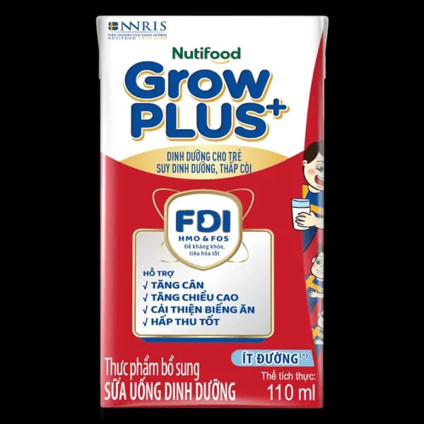 Sữa bột pha sẵn Nutifood GrowPLUS+ Đỏ ít đường 110ml (lốc 4 hộp)