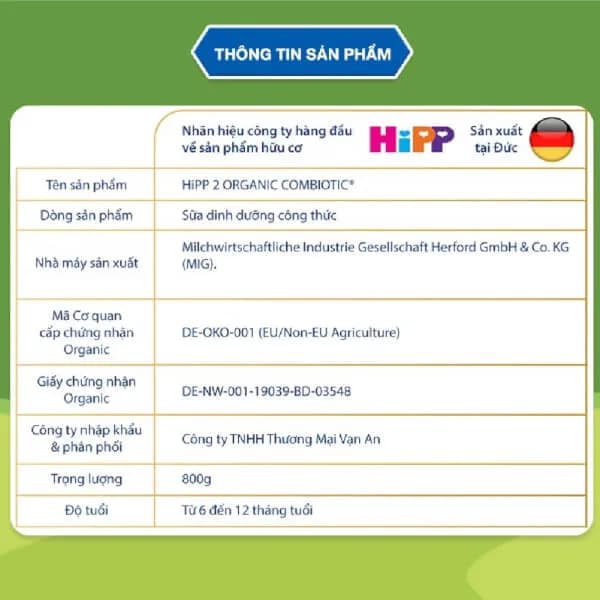 Sữa bột cho bé HiPP Organic Combiotic số 2 800g (6 - 12 tháng tuổi)