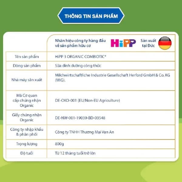 Sữa bột cho bé HiPP Organic Combiotic số 3 800g (1 - 3 tuổi)