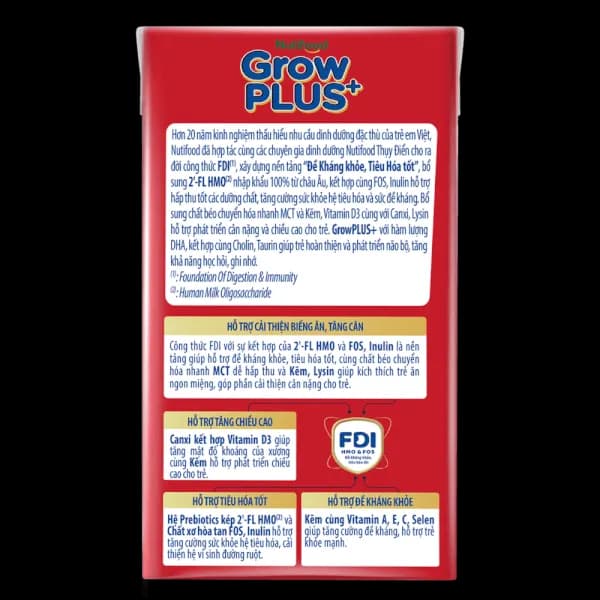 Sữa bột pha sẵn Nutifood GrowPLUS+ Đỏ ít đường 110ml (lốc 4 hộp)