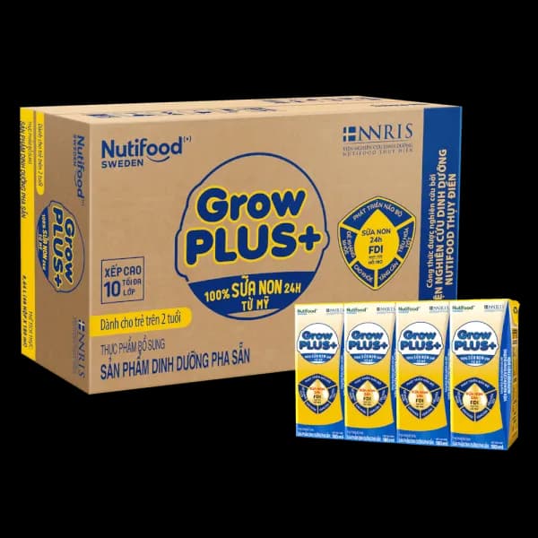 Sữa bột pha sẵn Nutifood GrowPLUS+ Sữa non Vàng 2+ 180ml (lốc 4 hộp)