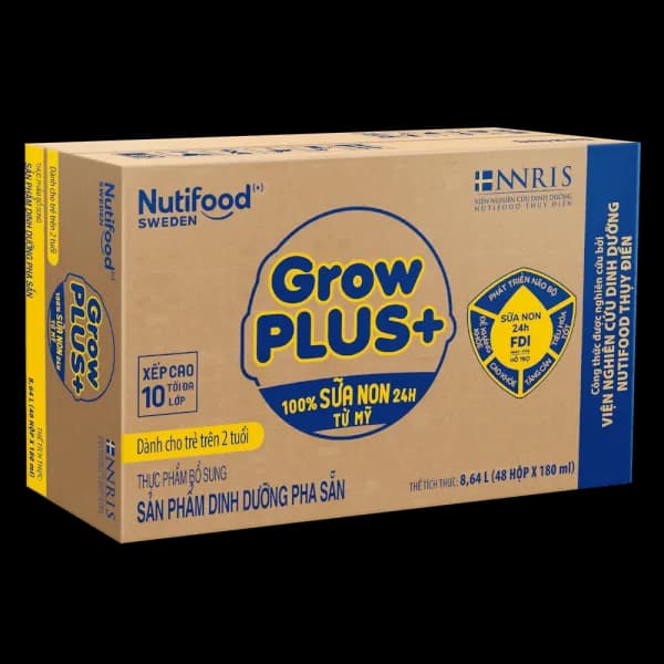 Sữa bột pha sẵn Nutifood GrowPLUS+ Sữa non Vàng 2+ 180ml (lốc 4 hộp)